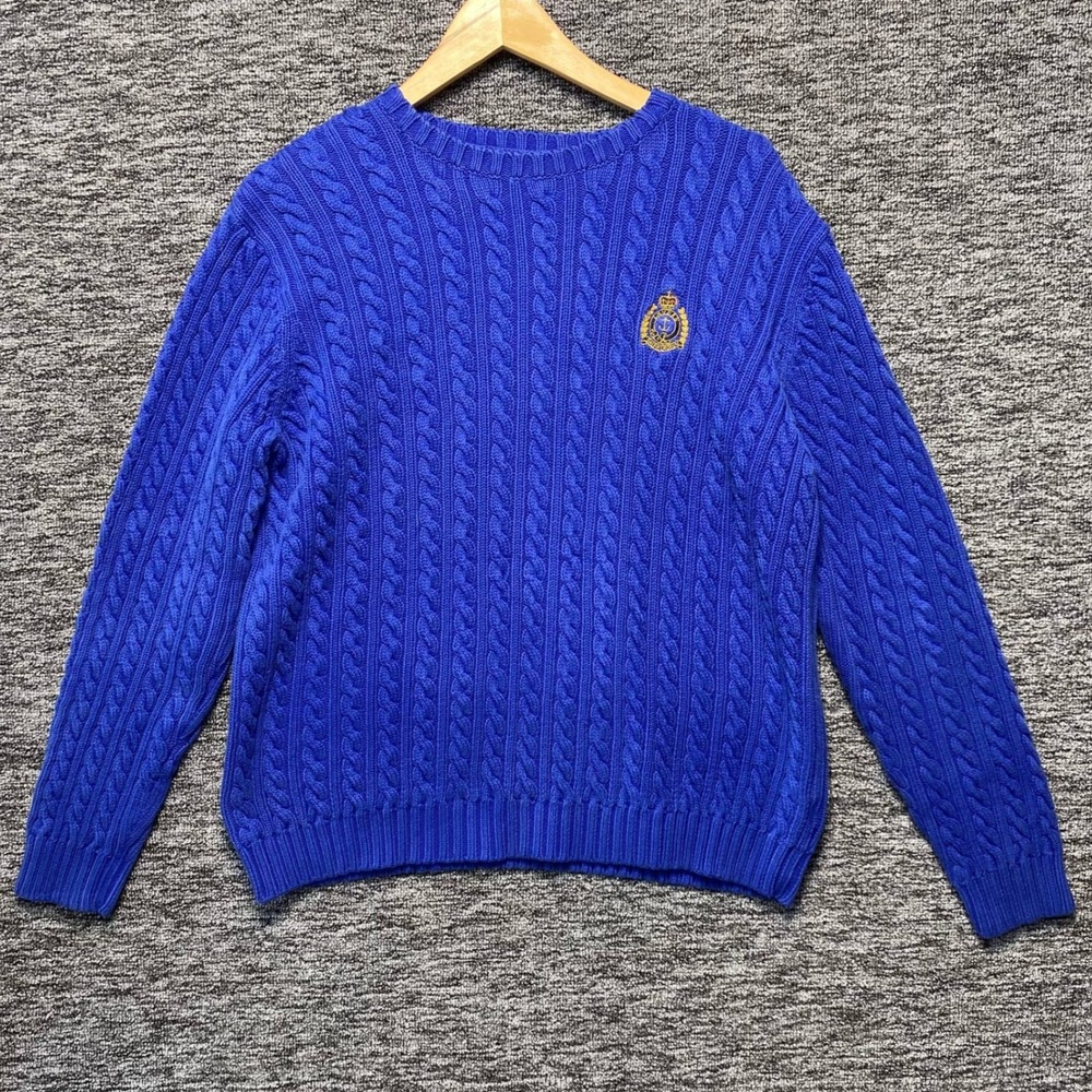 VTG Lauren Ralph Lauren Cable Knit Sweater Womens Medium Blue Crest Logo Cotton